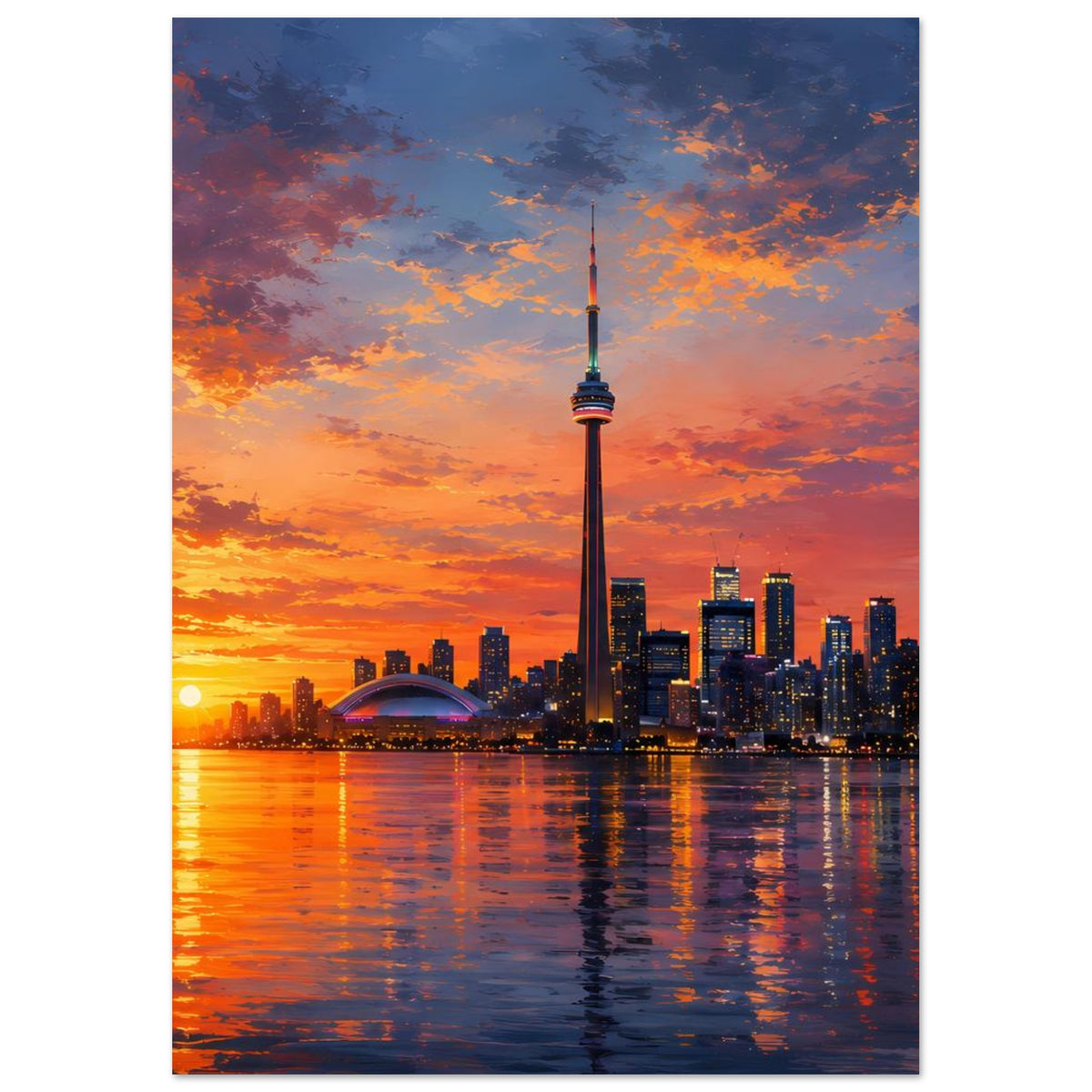 Poster mit urbaner Skyline bei Sonnenuntergang, CN-Tower hoch über Wasserreflexionen