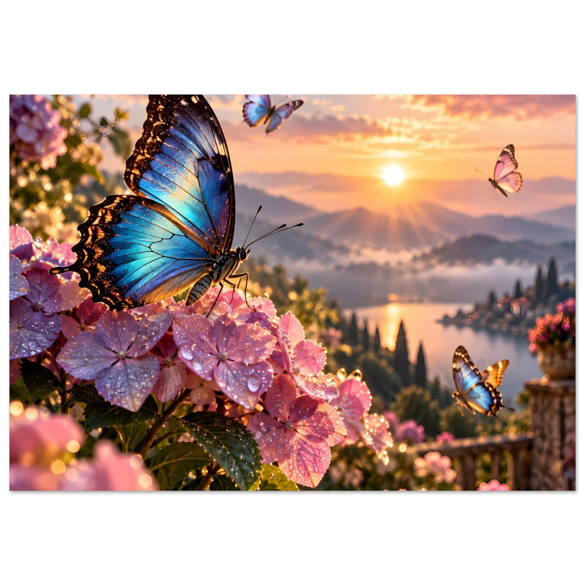 Poster mit blauen Schmetterlingen auf rosa Blüten, Sonnenuntergangslandschaft, rechte Seite sichtbar