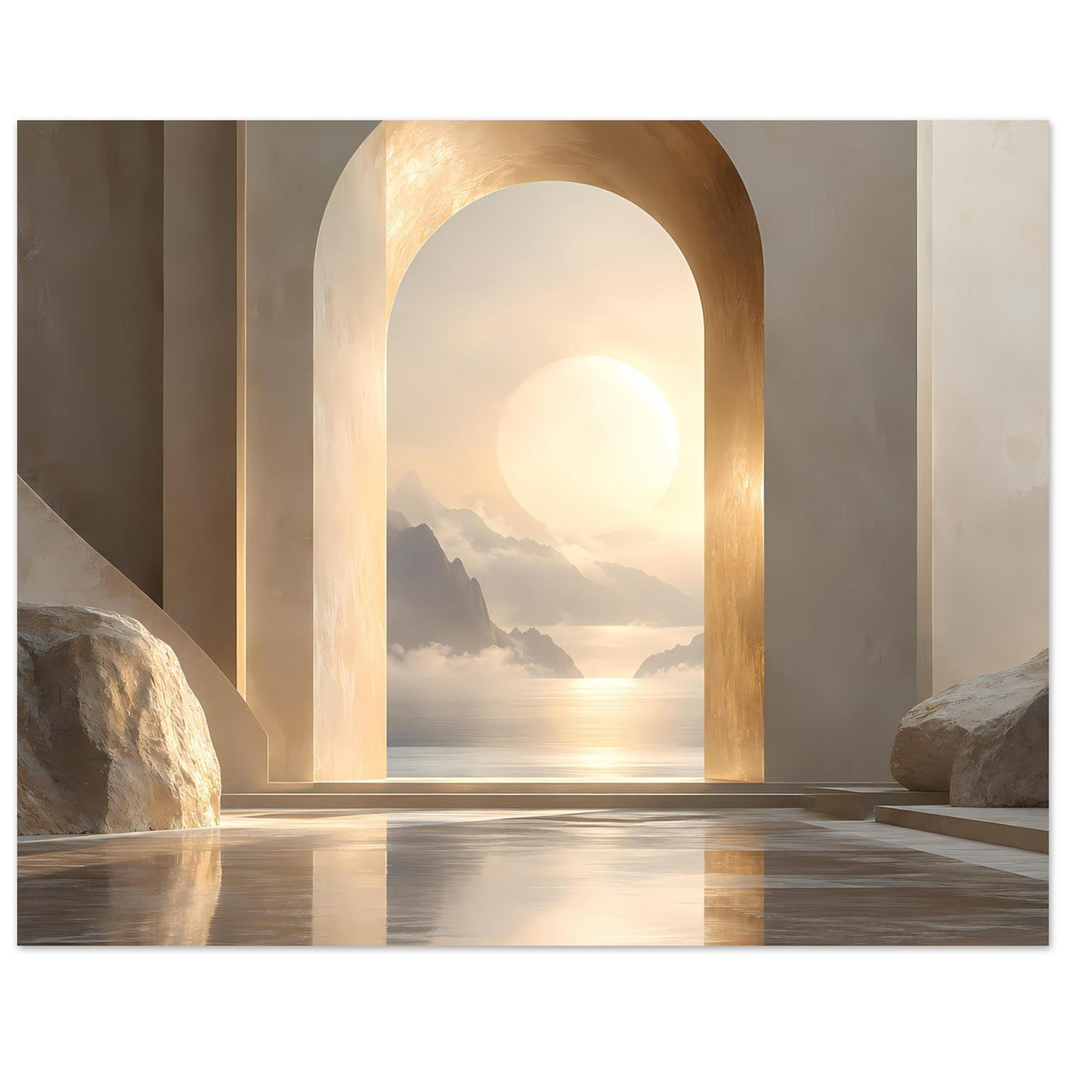 Kunstdruck mit bogenförmigem Lichtportal, goldener Sonne und Spiegelung im Wasser.