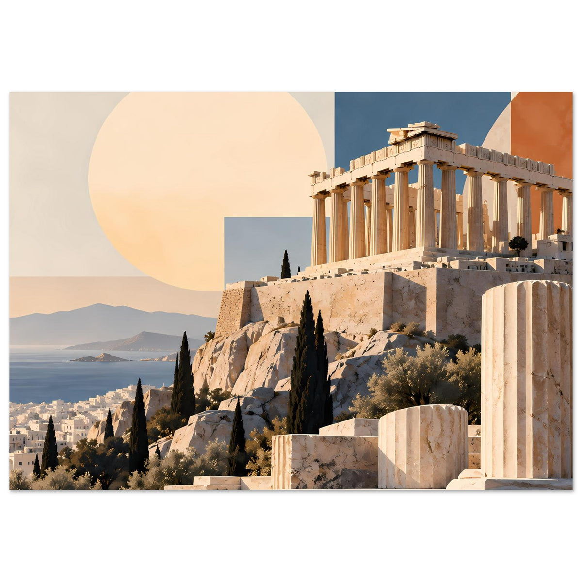 Griechenland-Poster im Querformat: Parthenon-Säulen, felsige Hänge, rundes Sonnendesign