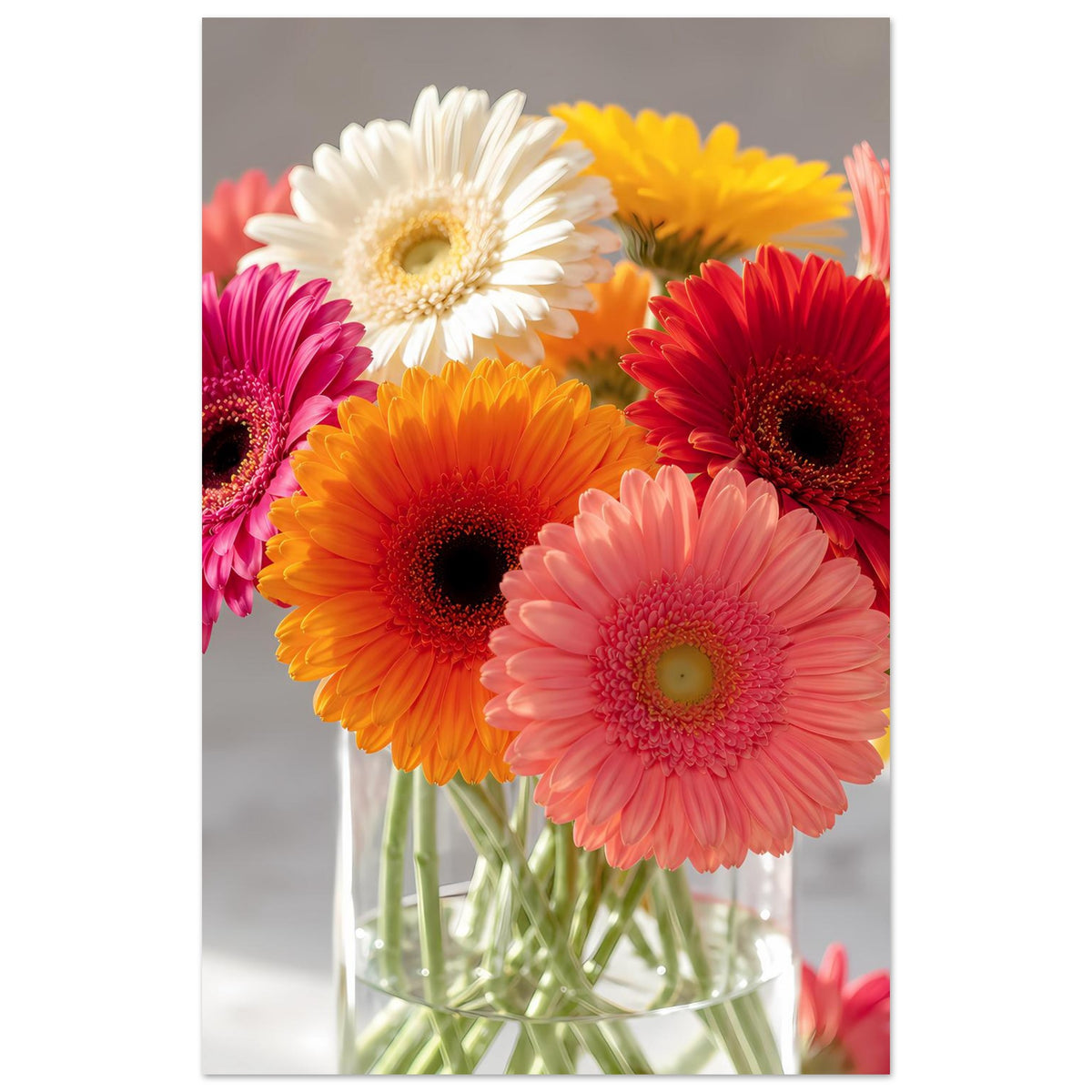 Gerbera-Blumenstrauß-Poster mit Vase, gerundete Gerbera-Blüten in Gelb, Pink, Orange, Rot