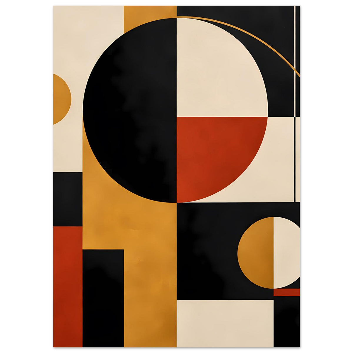 Geometrischer Kunstdruck mit großem Kreis und kleinem Kreis, dazu Blockflächen in Schwarz, Rot, Gelb.