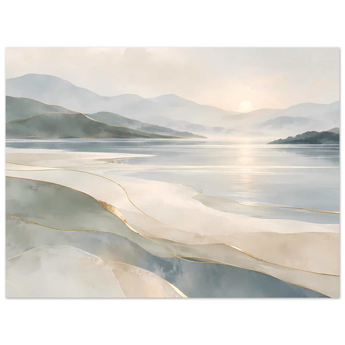 Poster mit Küstenlandschaft, ruhiges Meer in Beige und Grau mit goldfarbenen Linien