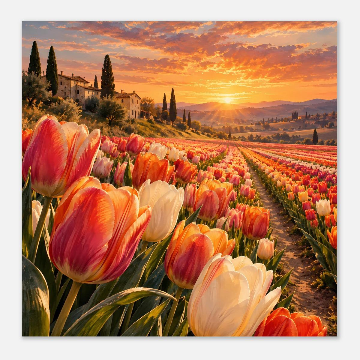 Horizontales Poster mit Tulpenreihe entlang des Feldwegs