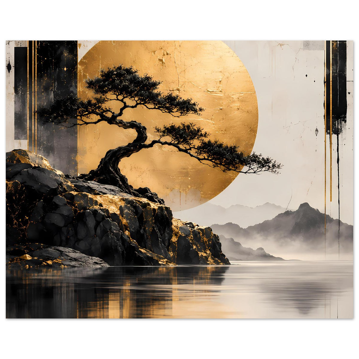 Poster mit goldener Mondscheibe, schwarzem Bonsai-Baum, dunklen Steinen und spiegelndem See im Zen-Look