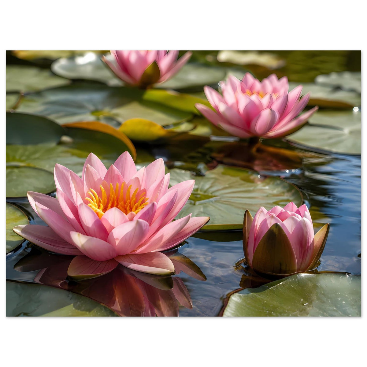 Poster mit rosa Seerosen und grünen Blättern im Wasser, klare Blüten und Spiegelungen