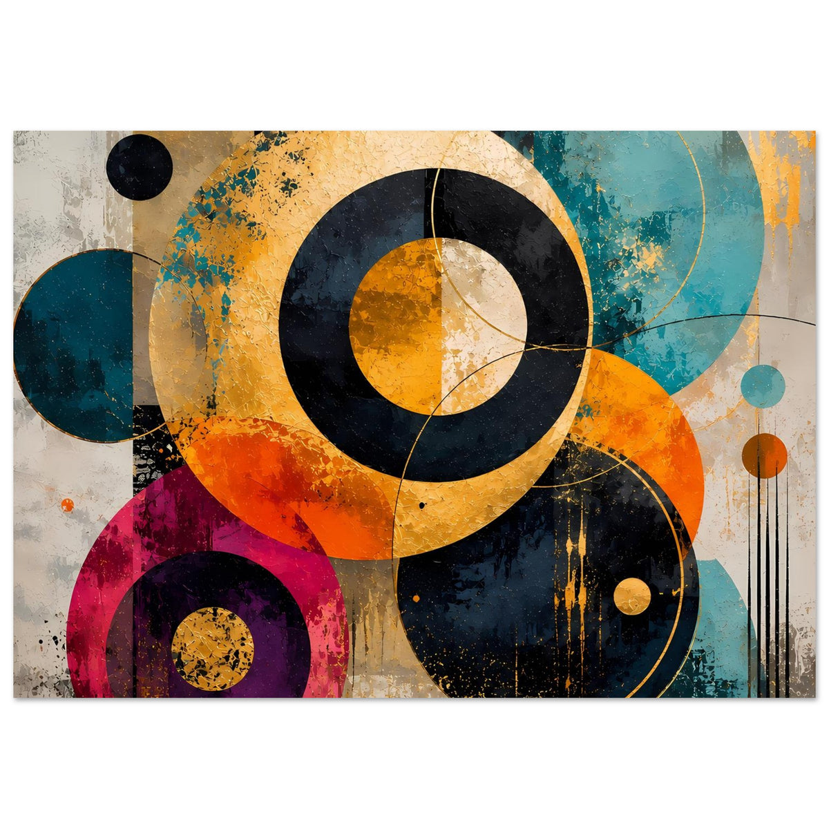 Abstraktes Poster mit schwarzen Ringen, goldener Fläche und blauen Elementen im Querformat