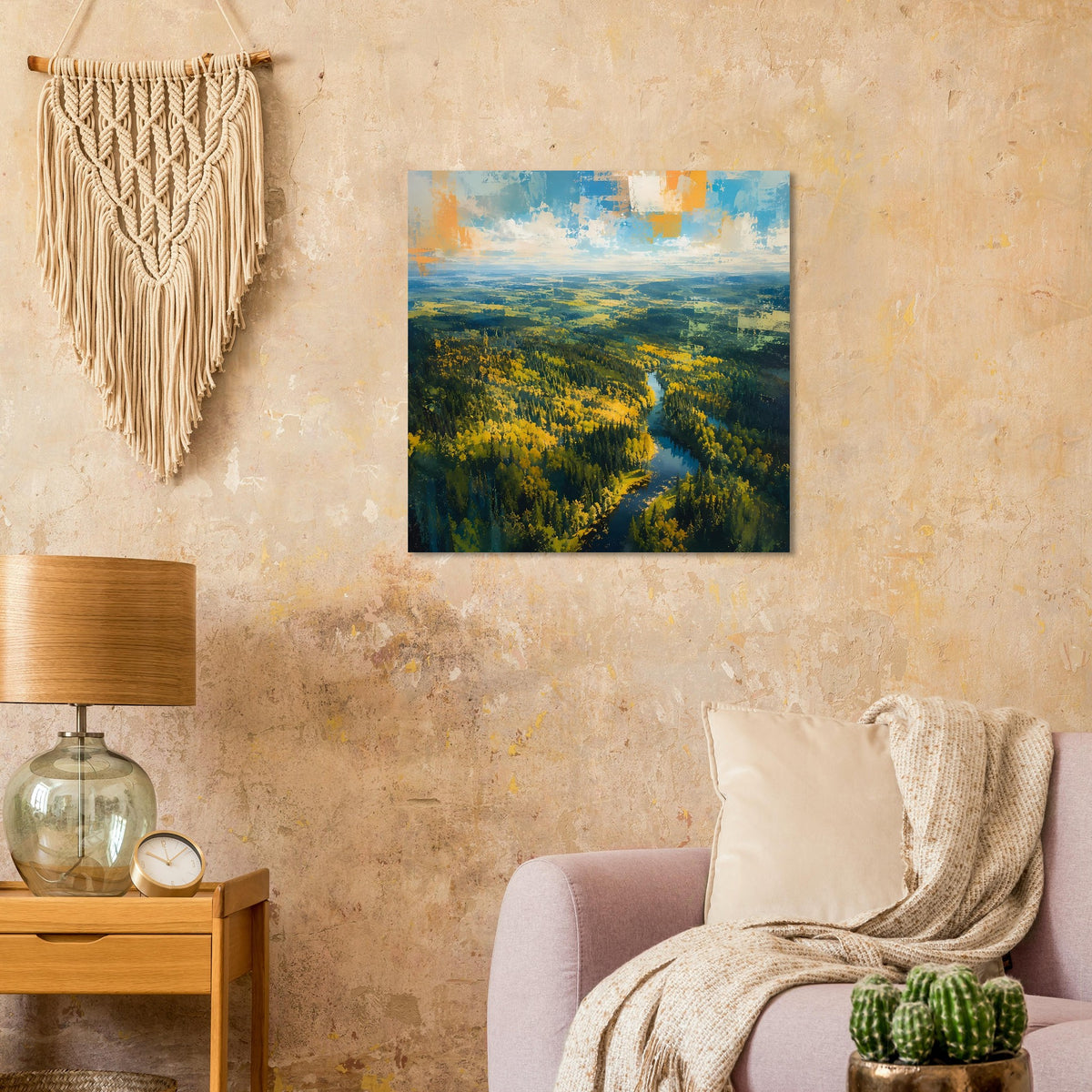 Quadratisches Poster mit Herbstwald und Fluss zwischen Hügeln
