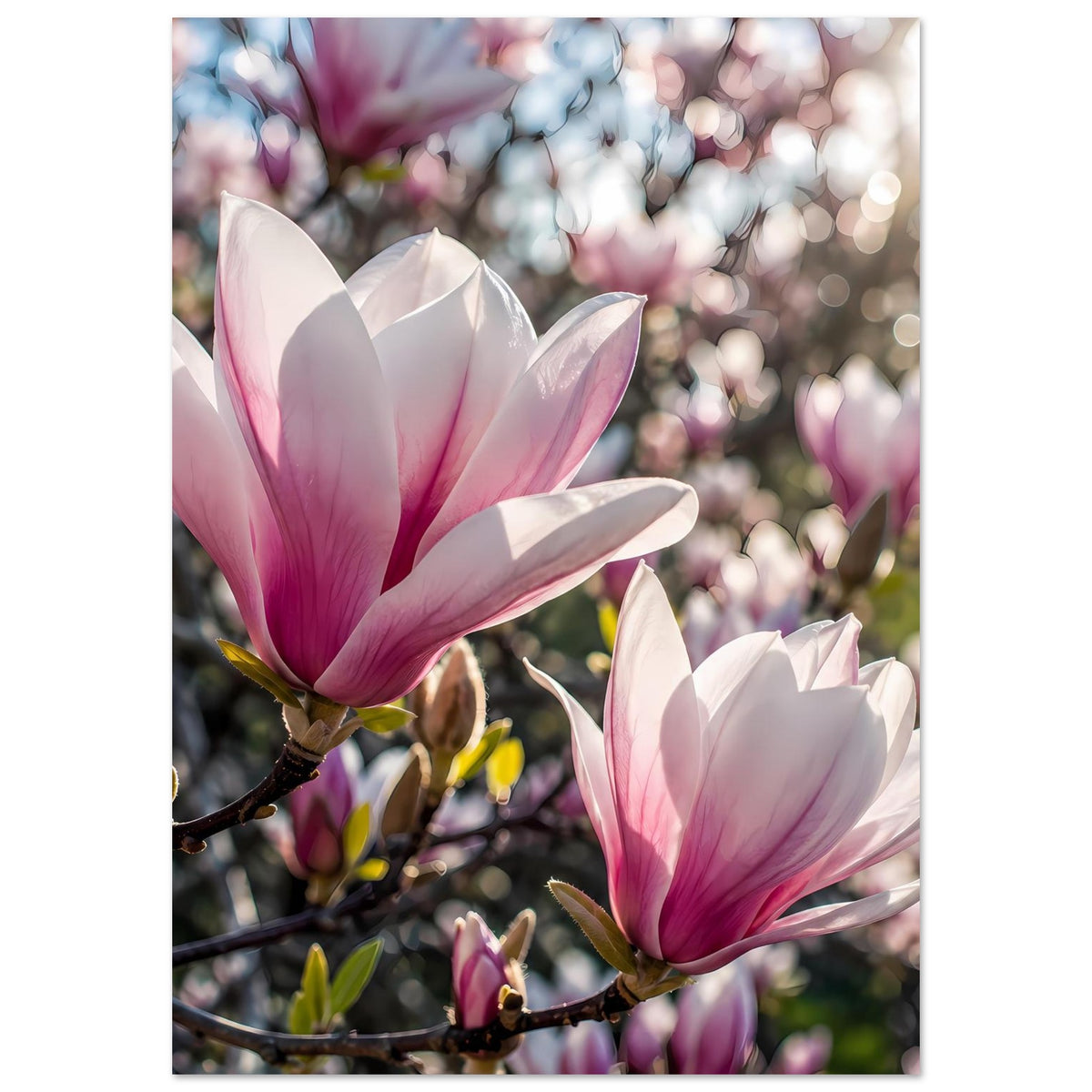 Poster mit rosa-weißen Magnolienblüten auf Zweig, eine große Blüte vorn, weitere im Hintergrund