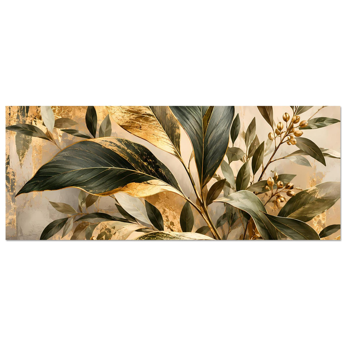 Botanisches Poster, horizontal: Blattwerk in Grün und Gold mit zarten Goldakzenten