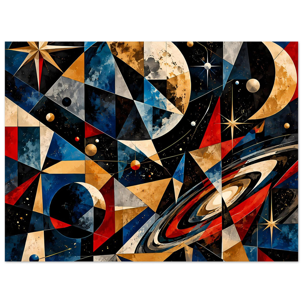 Querformat-Poster mit kosmischer Geometrie: Ringe, Sterne und Planeten in Blau, Rot, Gold