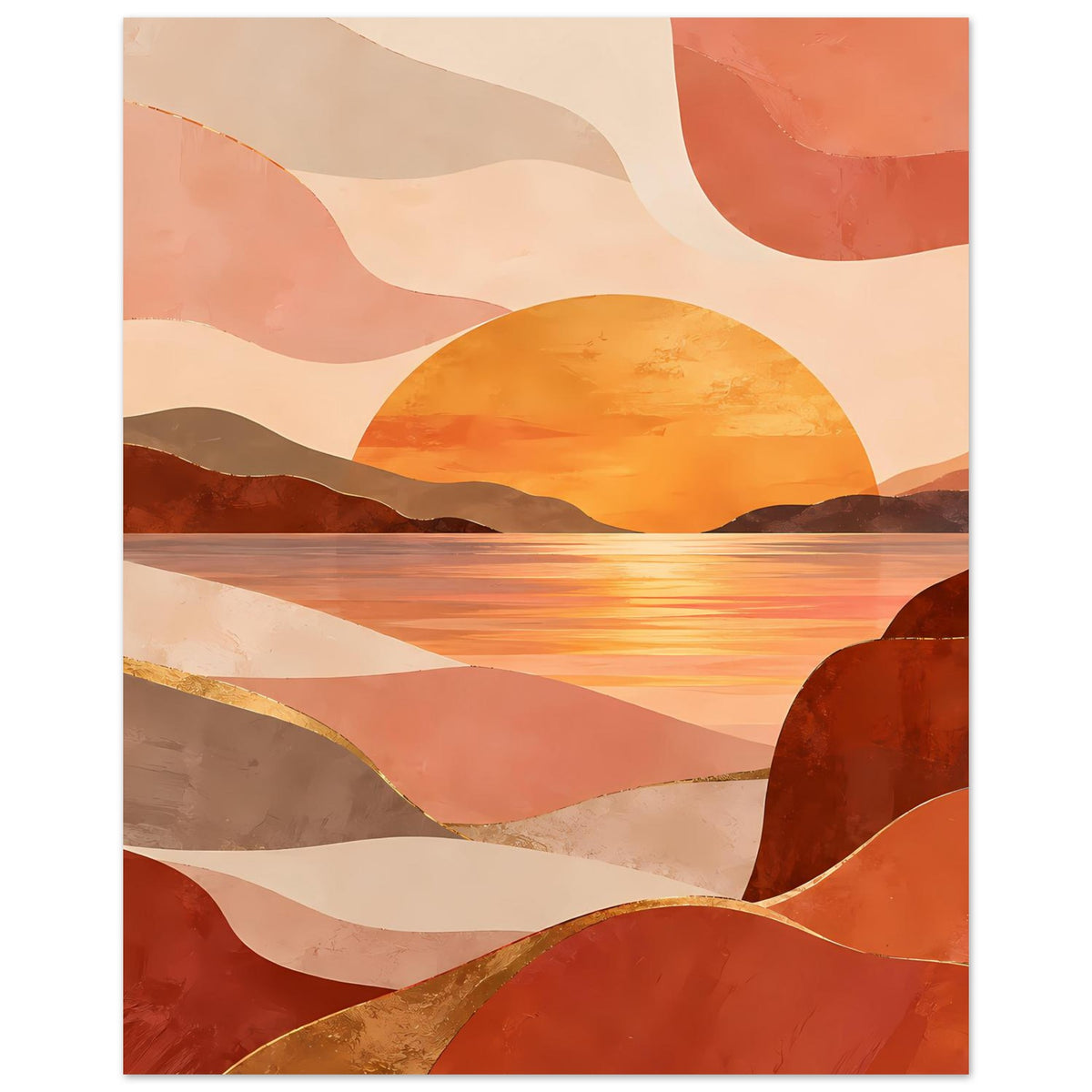 Poster mit Sonnenuntergangsmotiv: runde Sonne, warme Berge und weiche Linienformen