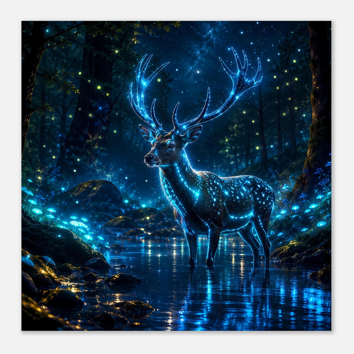 Poster im Querformat: leuchtender Hirsch im Wald, blaues Geweih, Steine im Wasser