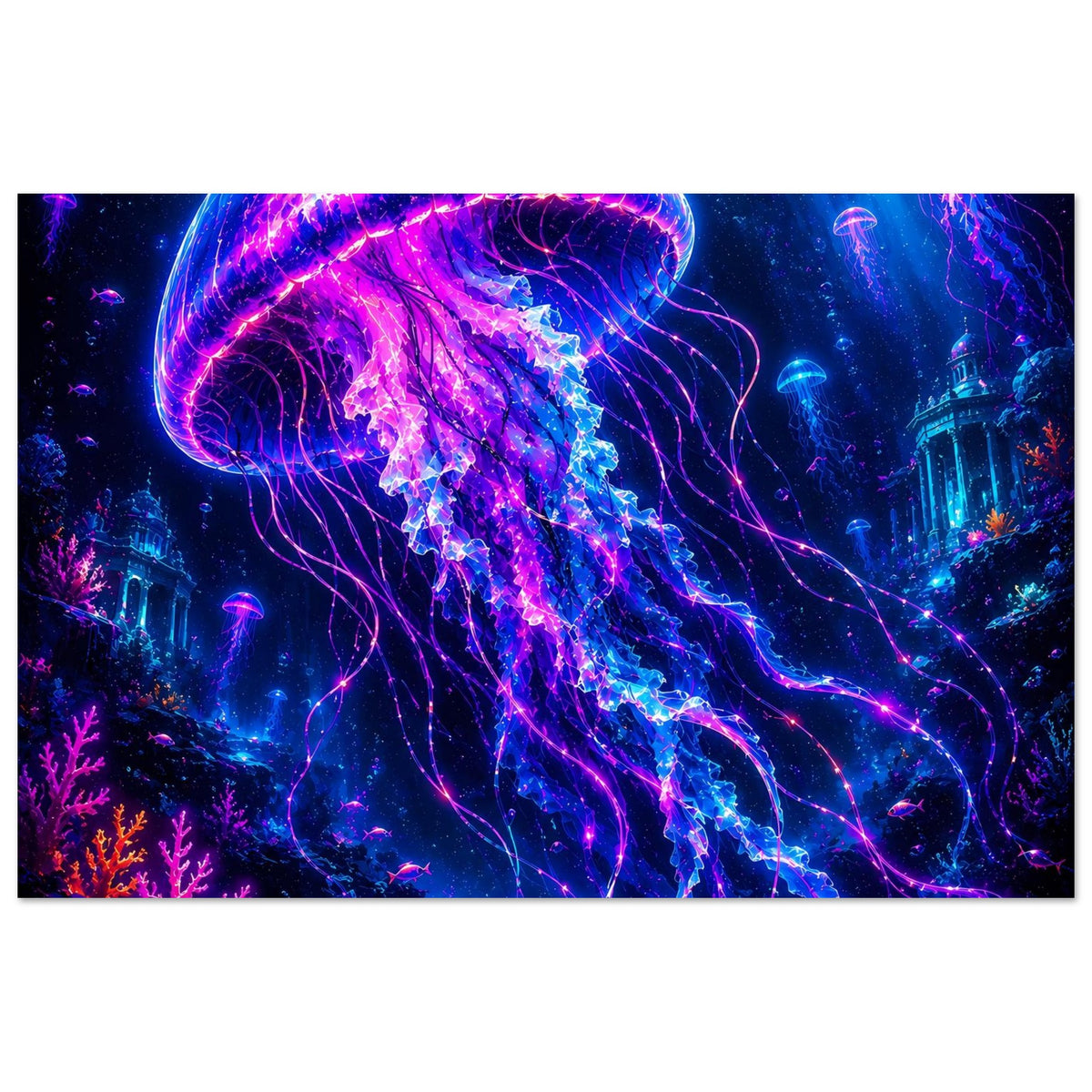 Poster mit leuchtender Qualle in Neonfarben, violett-blau, Unterwasser-Illustration