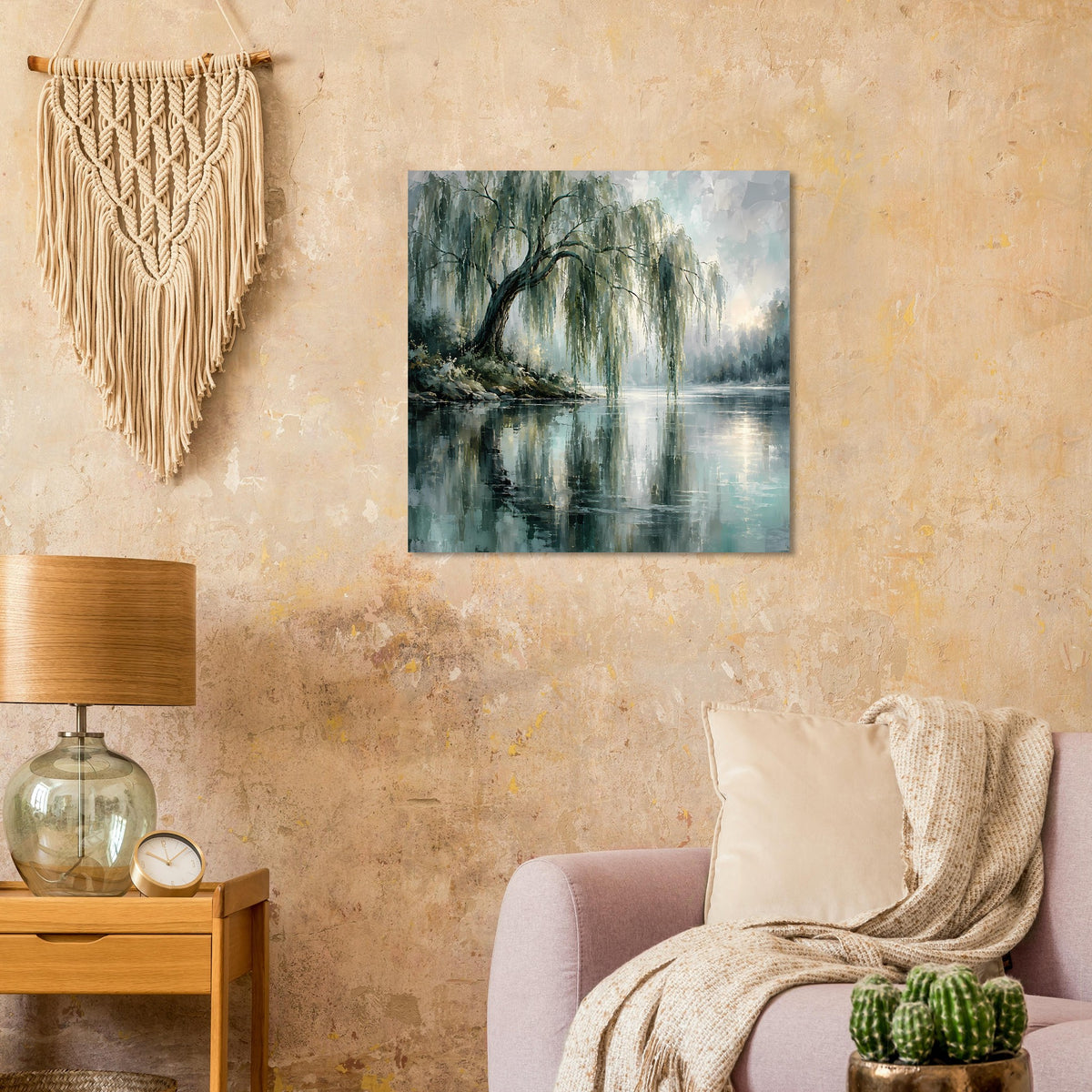 Poster mit Spiegelung eines Weidenbaums im Wasser, türkisfarbene Blautöne, quadratisch