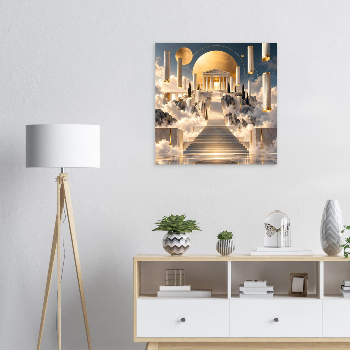 Poster mit goldenen Säulen, Rundbogen und Wolken, zentrale Treppe, quadratisch