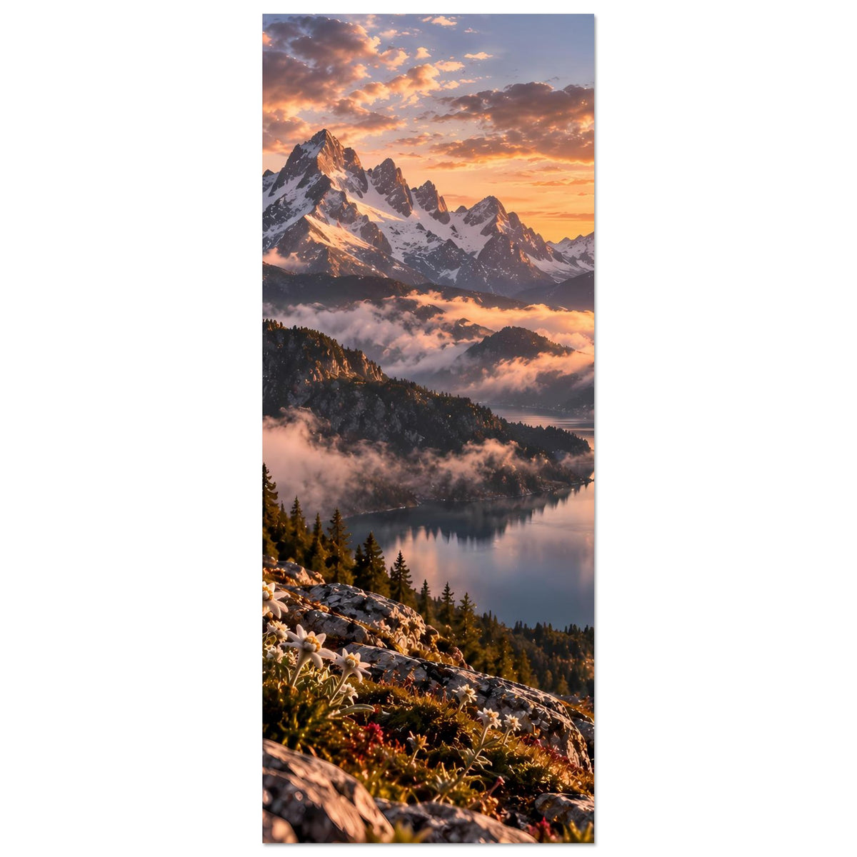Vertikales Poster: Alpengebirge und See bei Sonnenuntergang, Aussicht von der Felsböschung