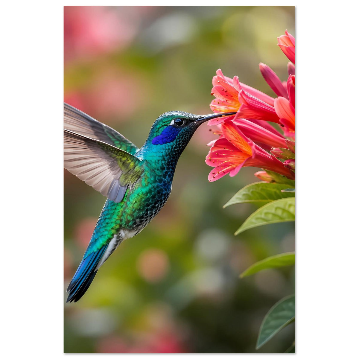 Naturposter im Hochformat: Kolibri von vorn am rosa Blütenstängel