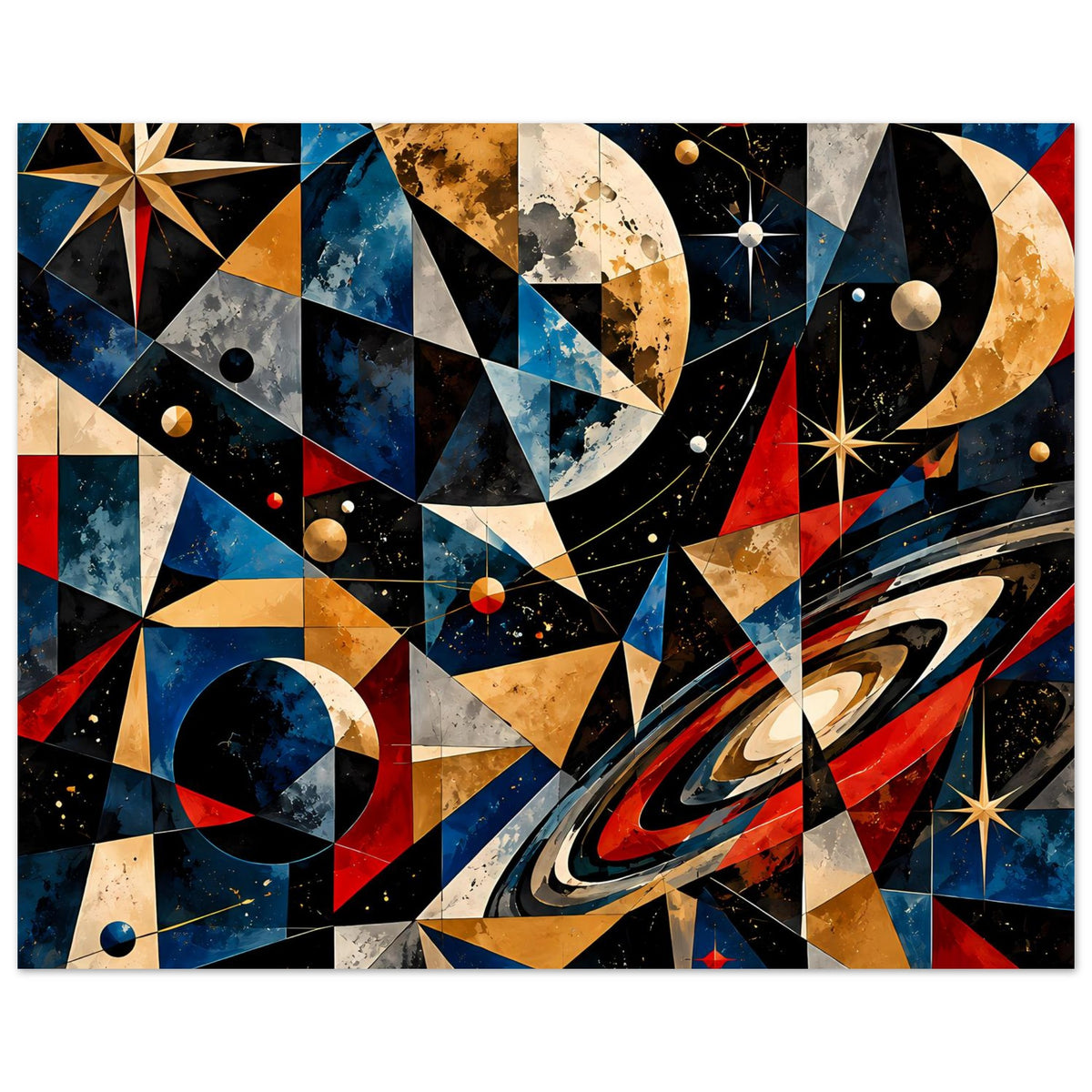 Weltraum-Poster mit geometrischen Kacheln, Planeten, Sternen und Spiralspur in kräftigen Blau- und Rottönen
