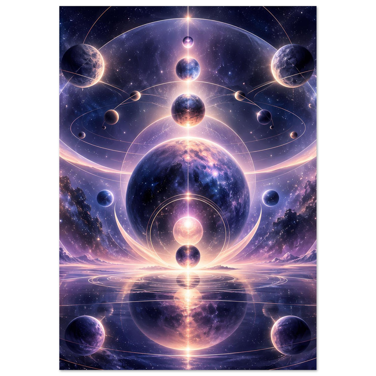 Poster im Hochformat mit Fantasy-Weltraum: zentraler Planet, goldfarbene Lichtkreise, Sterne