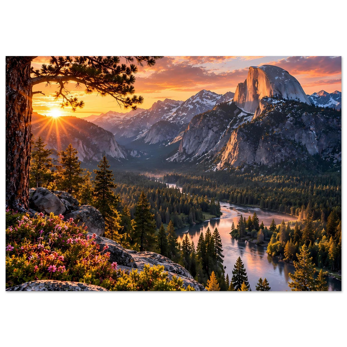 Wandposter mit Sonnenaufgang zwischen Berggipfeln, Nadelwald, Felsen und Fluss