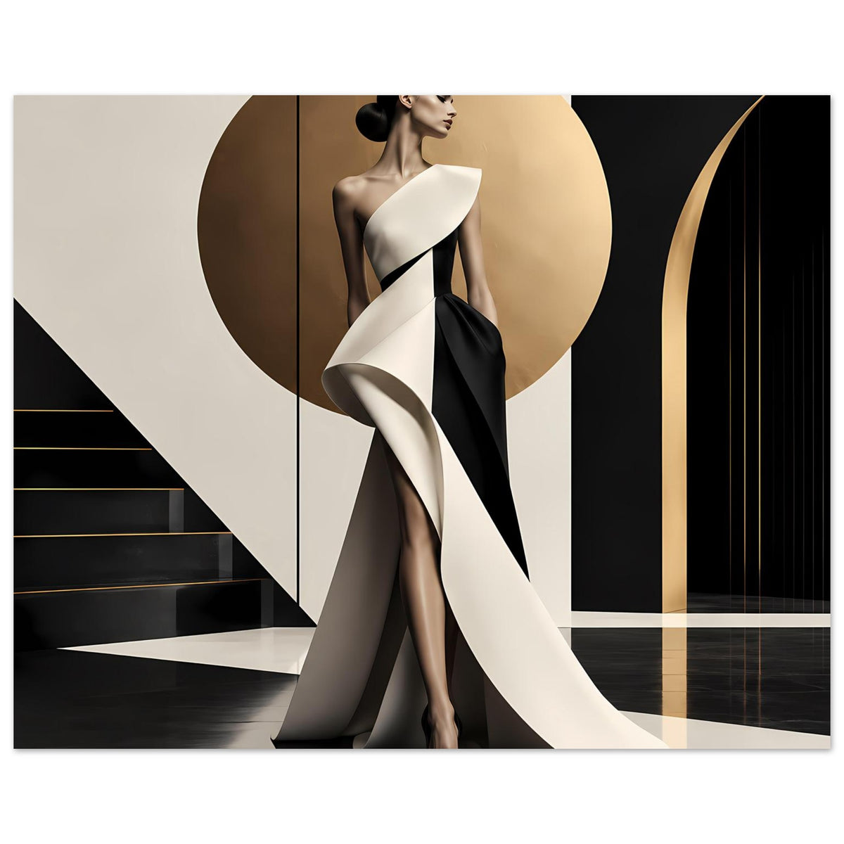 Fashion-Poster: Frau im Schwarz-Weiß-Look mit Schulter-Cape und wehender Stoffschleppe