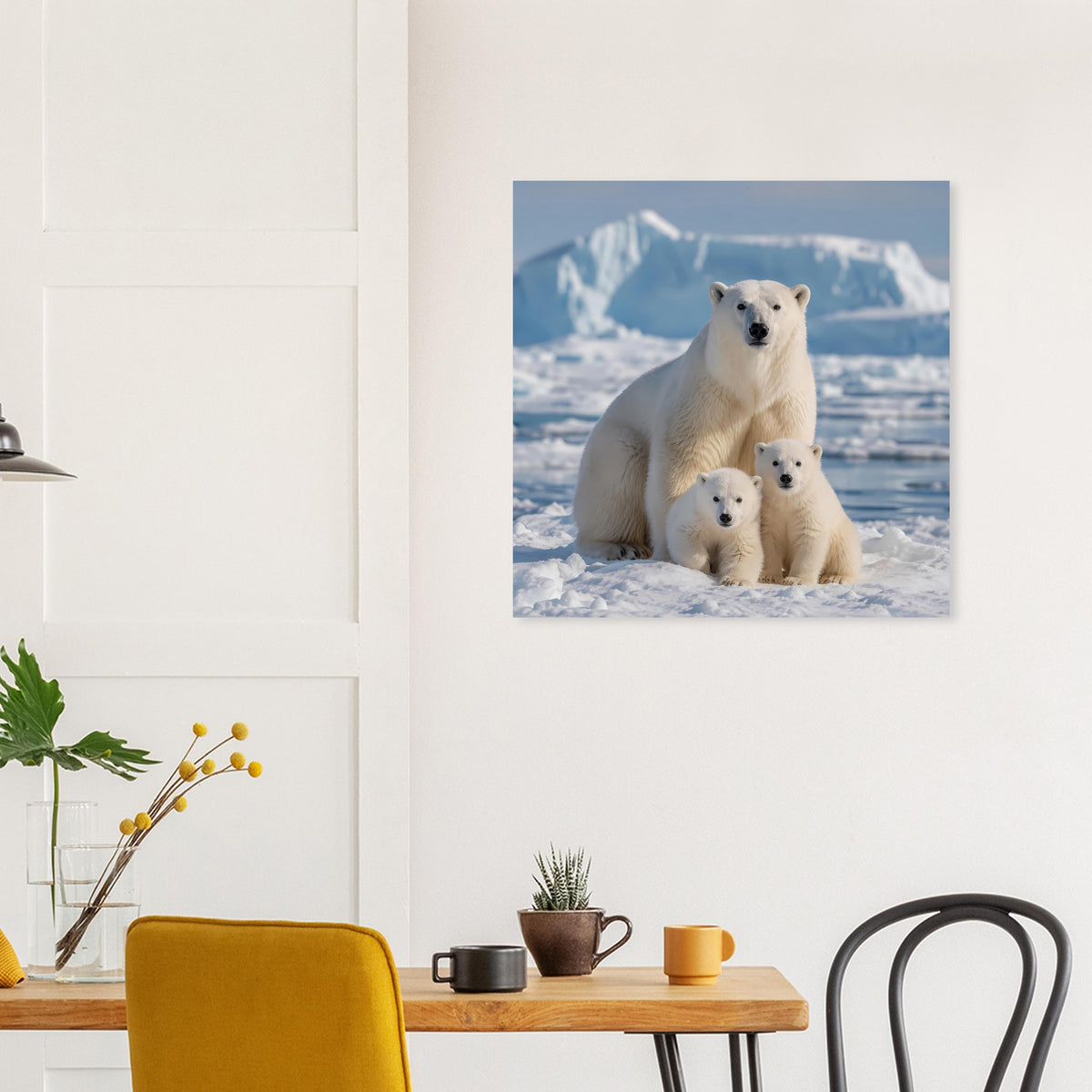 Quadratischer Kunstdruck: Eisbärenfamilie auf gefrorenem Untergrund