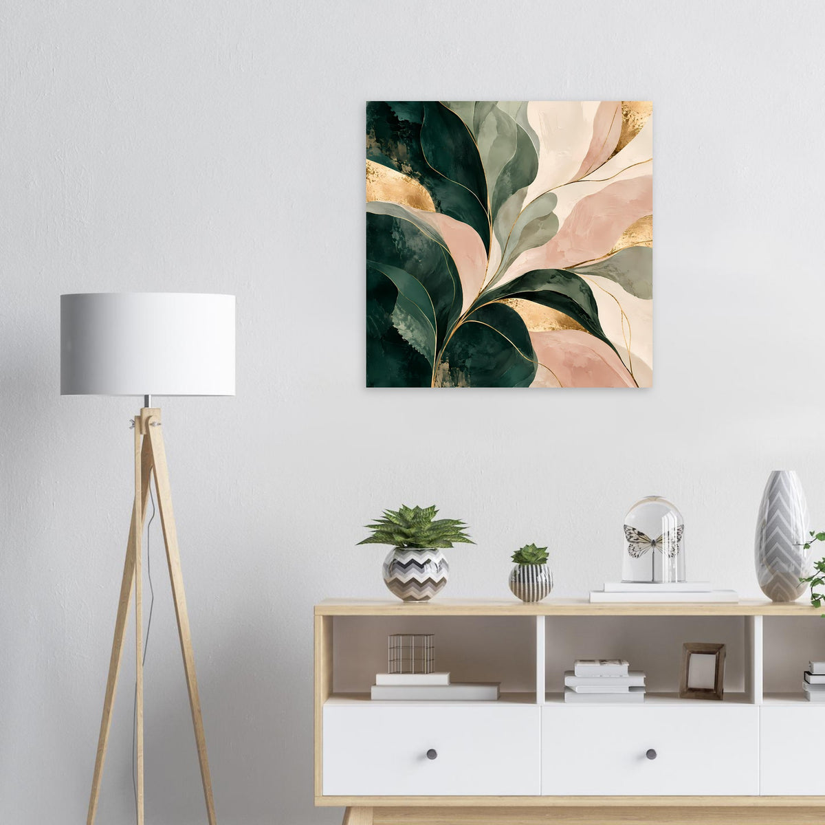 Abstraktes Kunstposter mit smaragdgrünen, roséfarbenen und goldenen Blättern