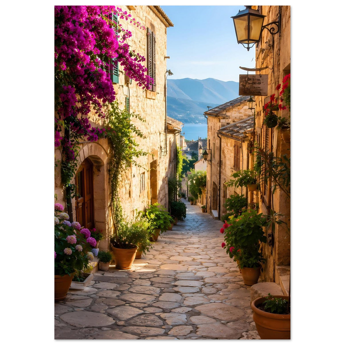 Poster: Altstadtgasse zwischen steinernen Wänden, lila Bougainvillea und Blumentöpfen