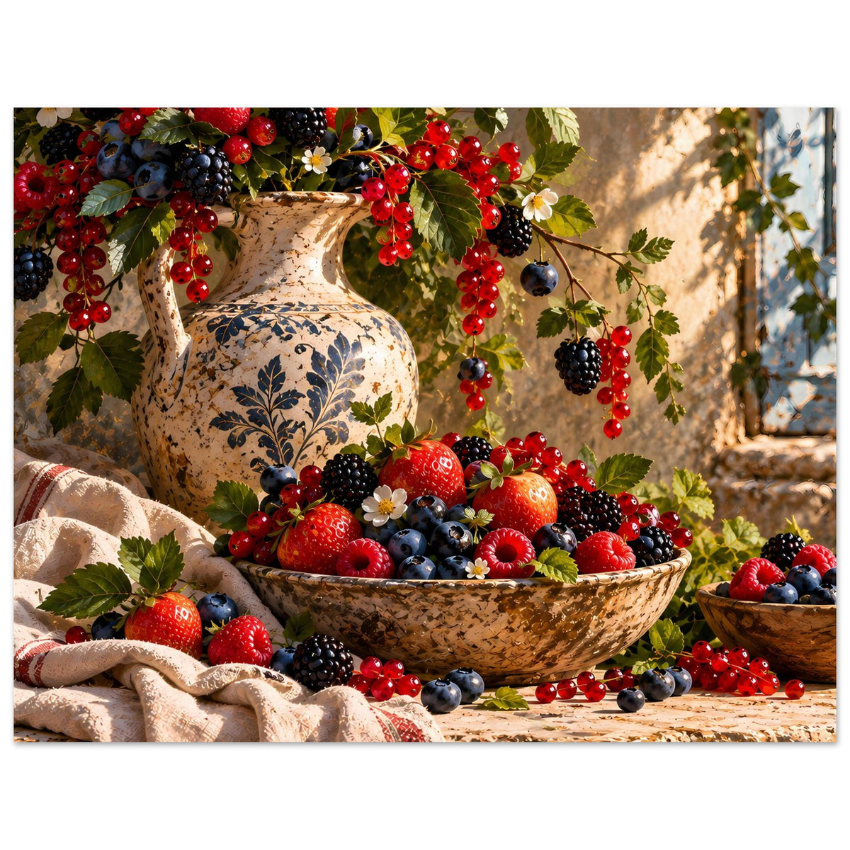 Poster mit Beerenstillleben aus Vase und Schale, rote und blaue Früchte, Stofftuch seitlich