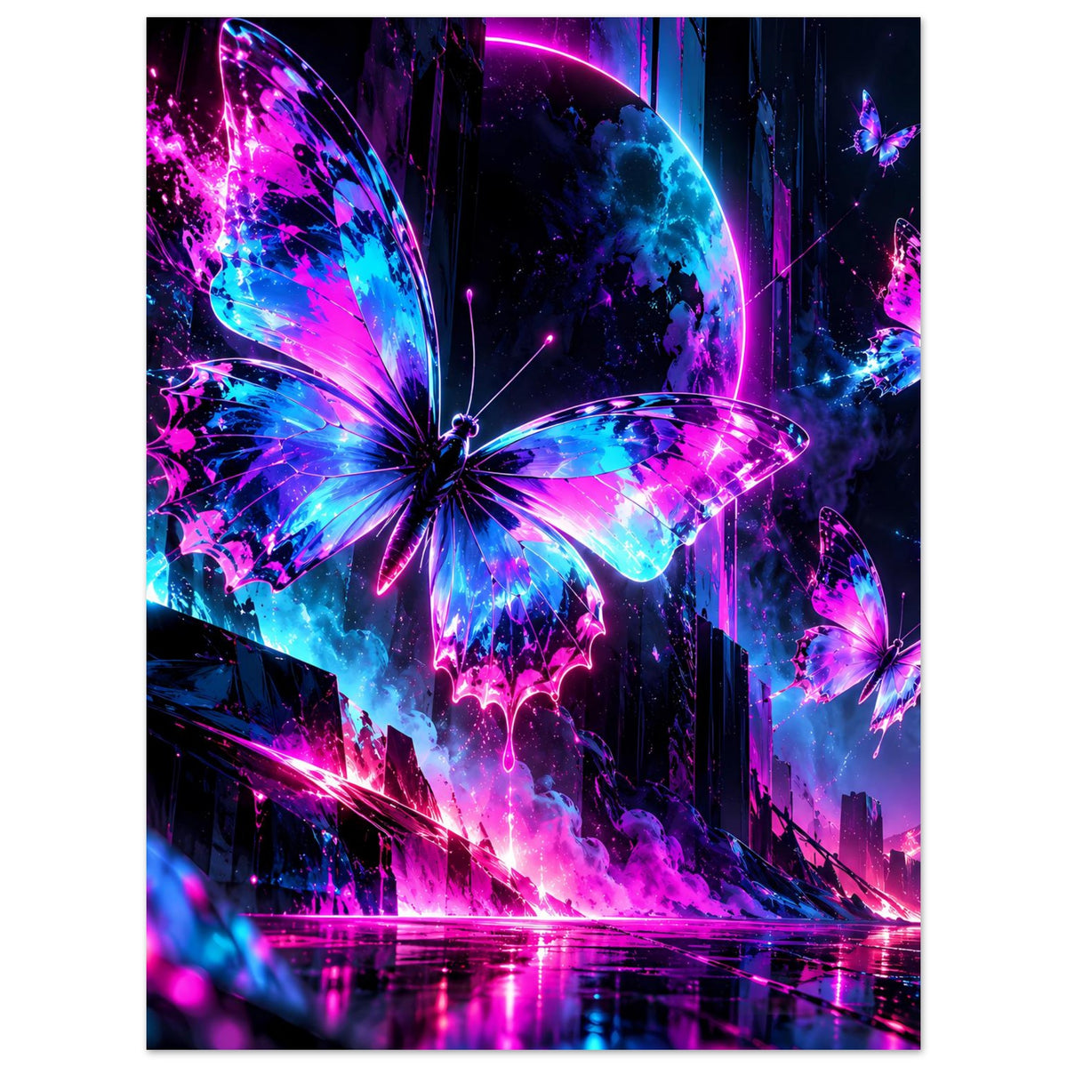 Hochformat-Poster mit bunten Neon-Schmetterlingen in Blau- und Pinkverlauf, reflektierender Fläche