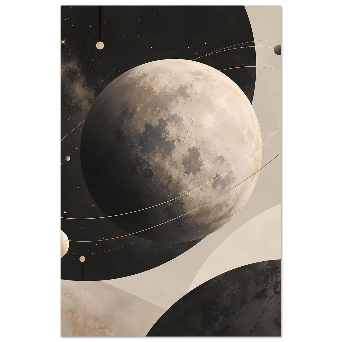 Poster im Hochformat mit großem Mond, Sternen und goldenen Bahnen in Erdtönen