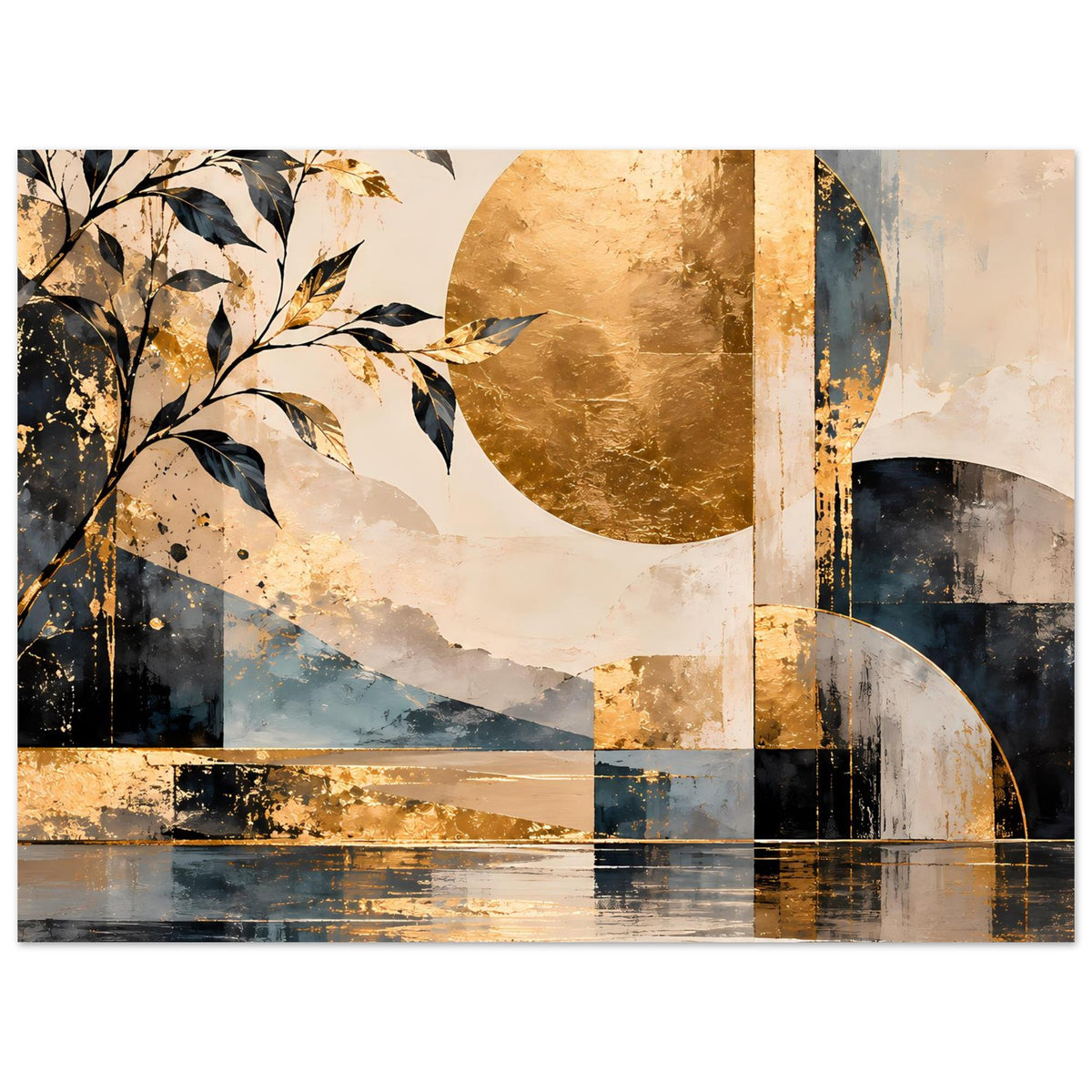 Abstraktes Kunstposter: goldene Formen, blaue Diagonale, Blattzweige und dunkle Streifen
