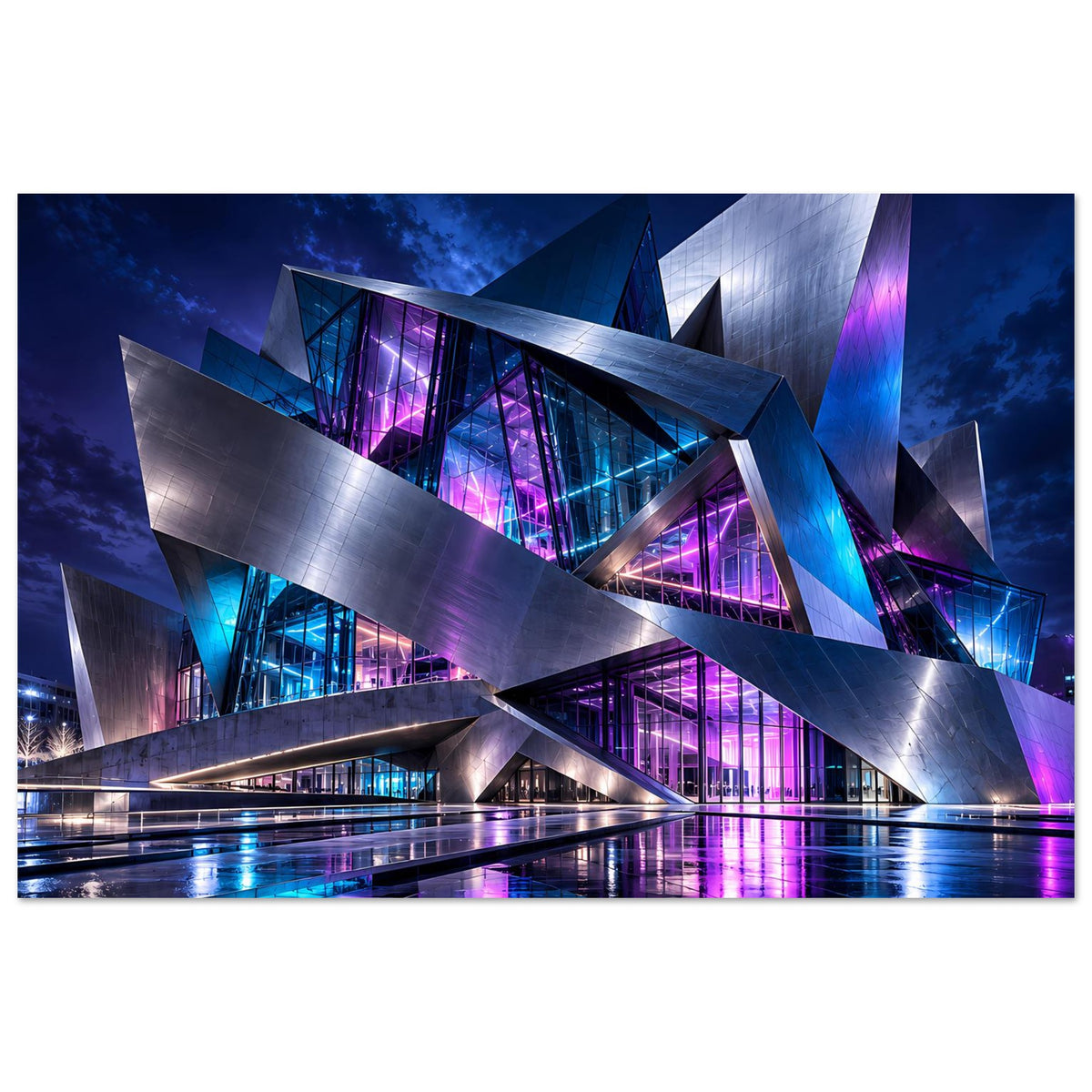 Futuristisches Architekturposter im Querformat: futuristischer Komplex mit lila Beleuchtung und blauen Reflexen
