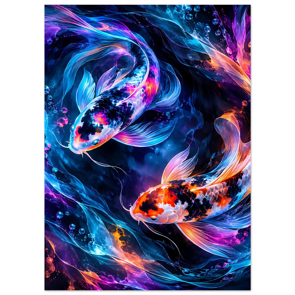Poster mit leuchtenden Koi-Fischen, farbige Wasserstrukturen in Blau, Lila und Orange