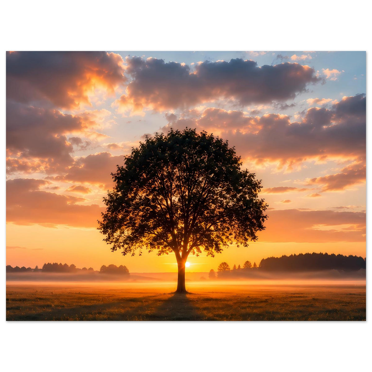 Querformat-Poster mit Baum bei Sonnenuntergang, orangefarbener Himmel und Feldfläche