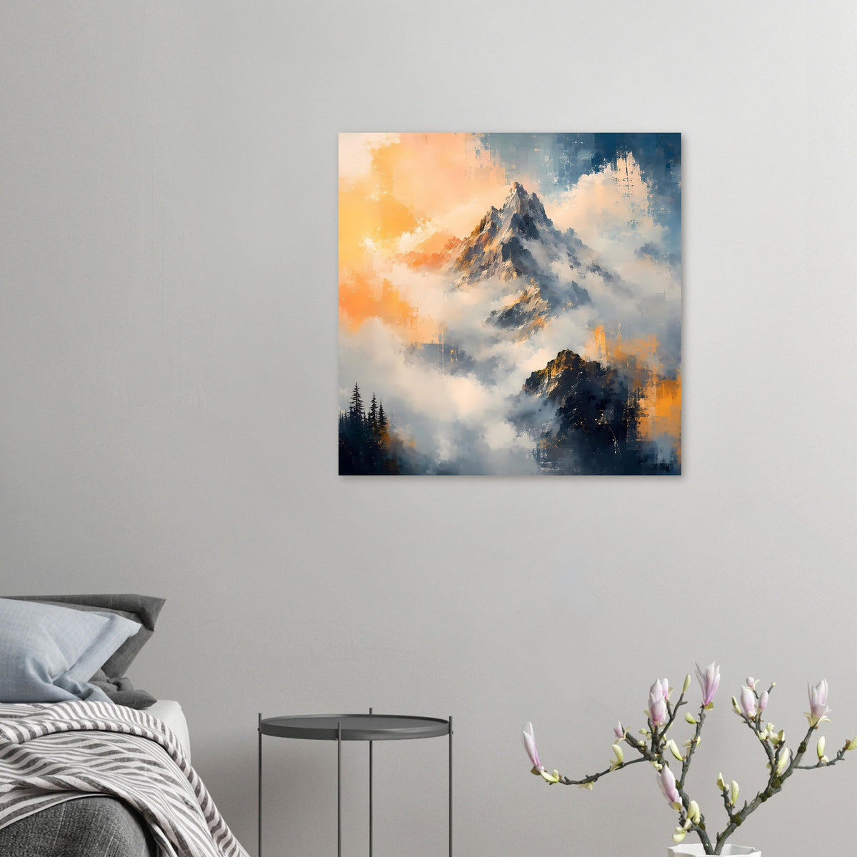 Kleines Wandposter mit Berggipfeln in Blau und Orange, abstrakte Wolken und Nebel