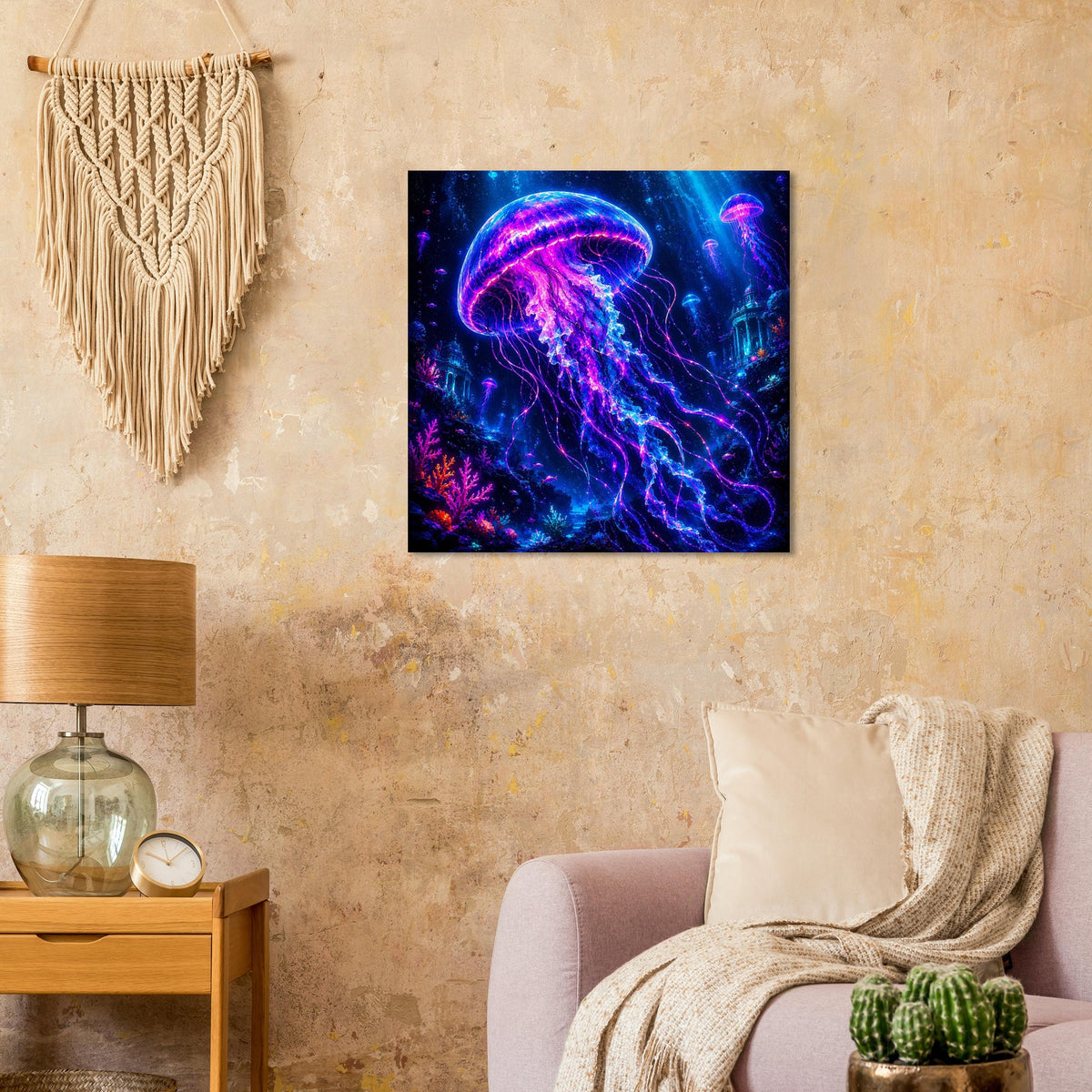 Wandposter mit leuchtender Qualle in Violett und Pink vor blauem Tiefsee-Hintergrund