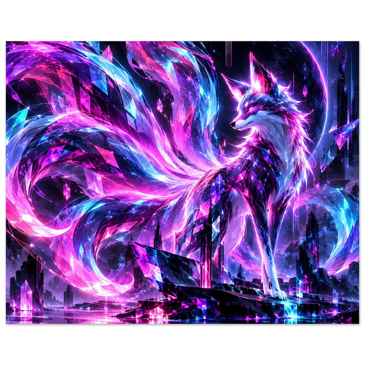 Neon-Fuchs Fantasy-Poster mit magischen Lichtströmen, Flammenhals und Reflexionen