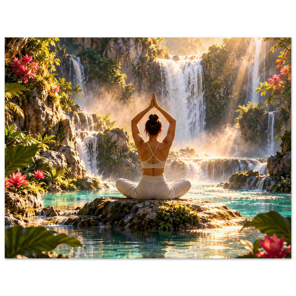 Yoga-Meditationsposter: Person im Lotussitz, Hände hoch, Wasserfalllandschaft mit farbigen Pflanzen