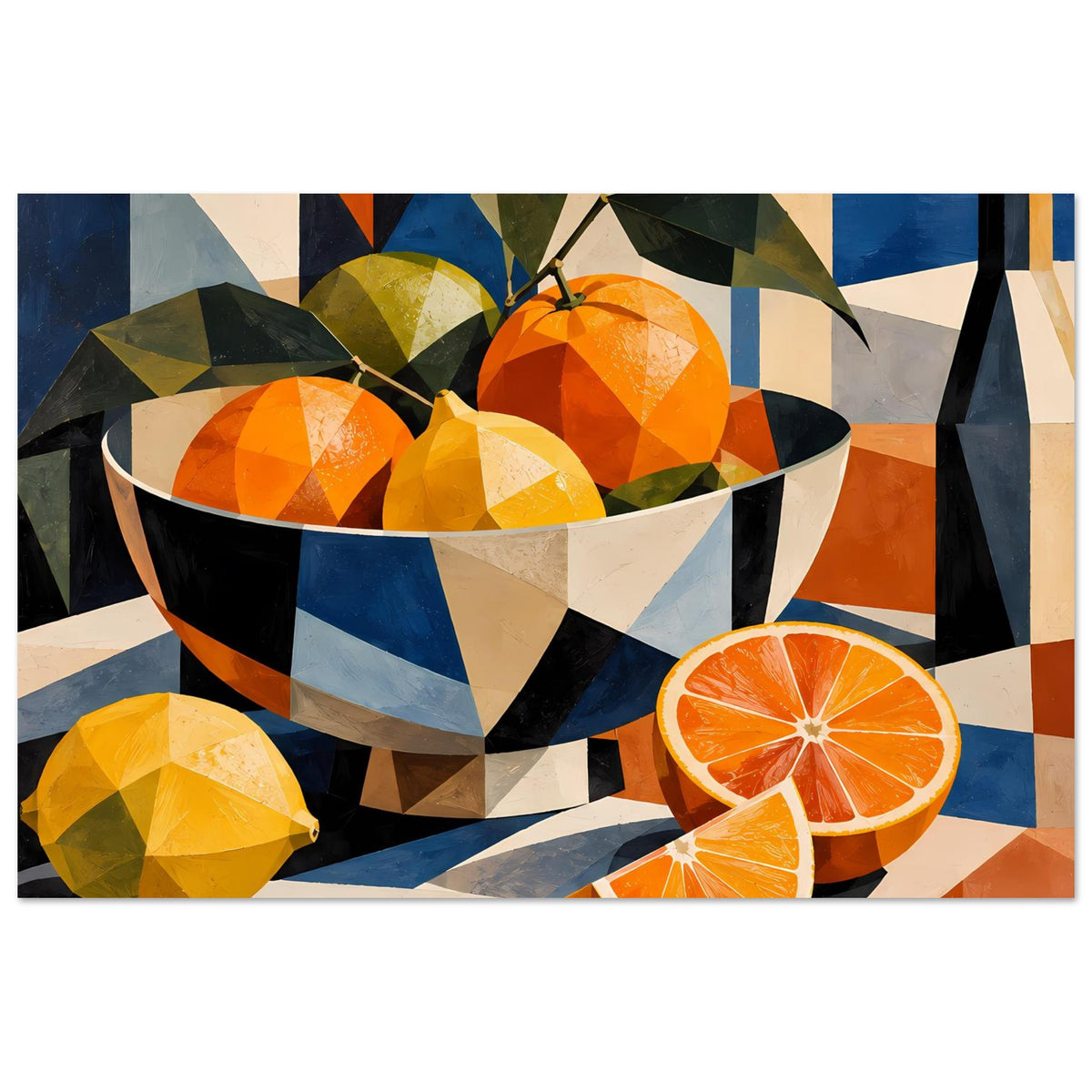 Poster: Schale mit Orangen und gelber Zitrone, Orangenscheiben und Blätter im kubistischen Stil