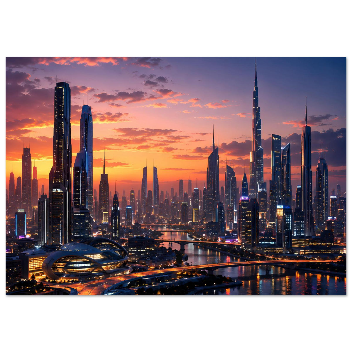 Poster im Querformat: Stadt-Skyline bei Sonnenuntergang mit Fluss und beleuchteten Wolkenkratzern.