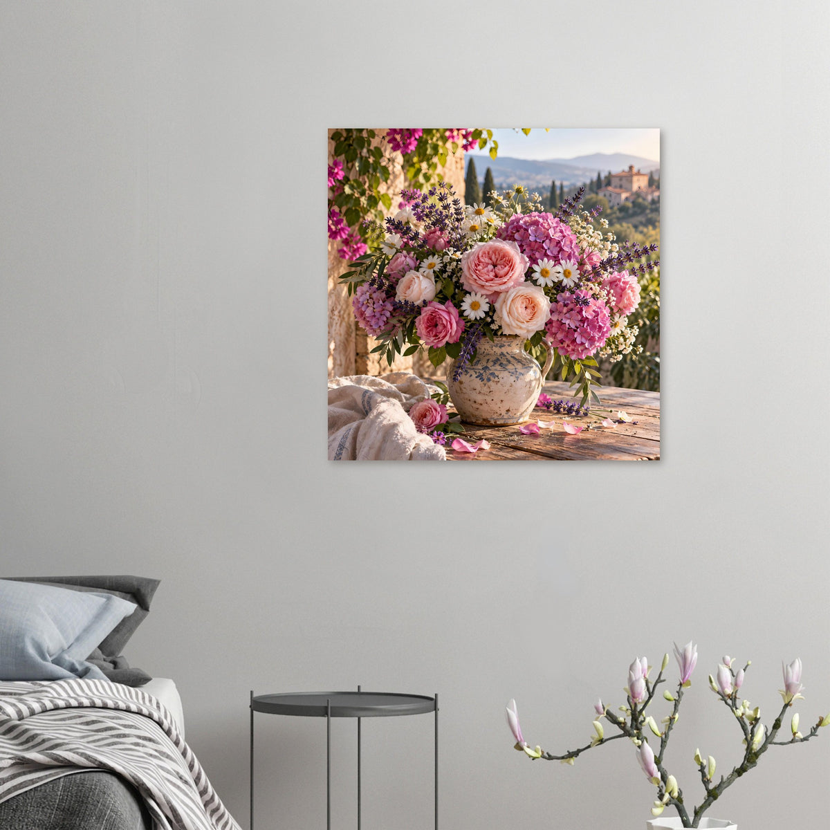 Blumenposter in kleiner Wandansicht: Strauß in Vase mit rosa und weißen Blüten