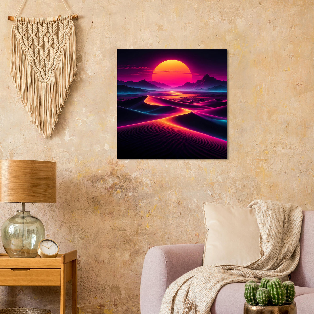 Quadratisches Poster mit Neon-Wüstenlandschaft: orange Sonne, magenta Pfade, blaue Dünen