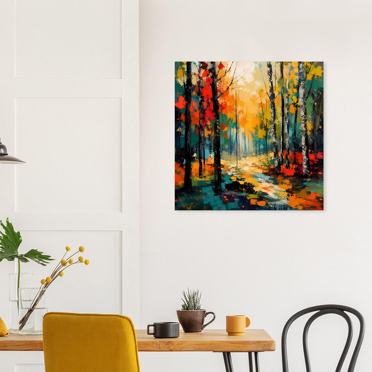 Quadratisches Poster: Herbstwald mit bunten Baumstämmen und warmem Licht