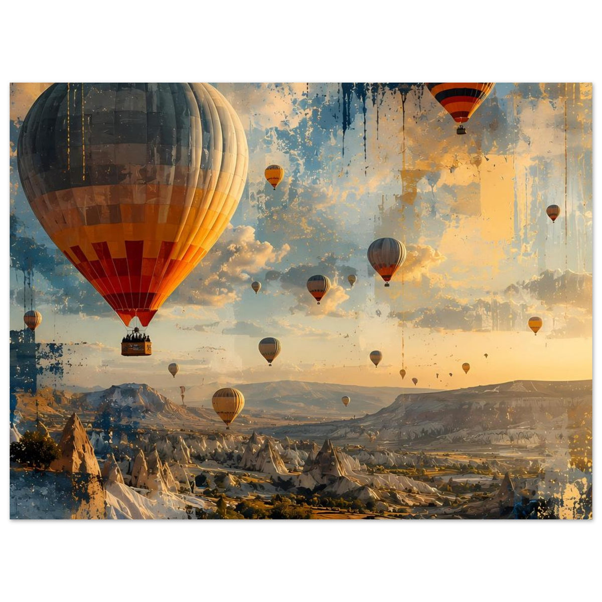 Posterdruck, nahere Ansicht: große Heißluftballons über einer Berglandschaft, blau-gold