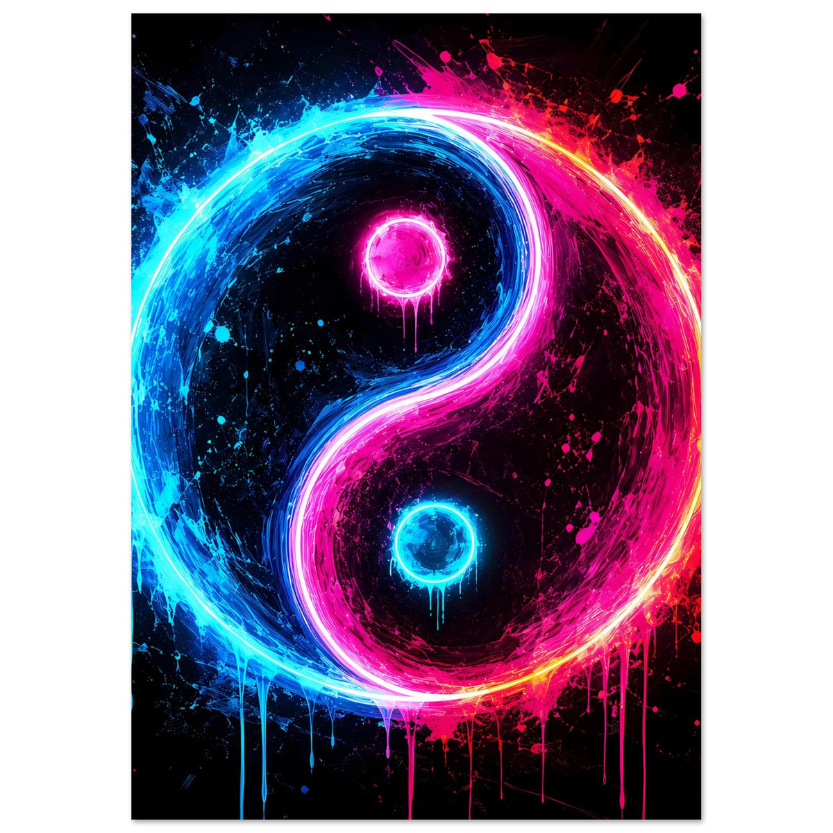 Neon-Yin-Yang-Poster, leuchtender Halbkreis in Blau und Pink mit Spritzern im Hintergrund.