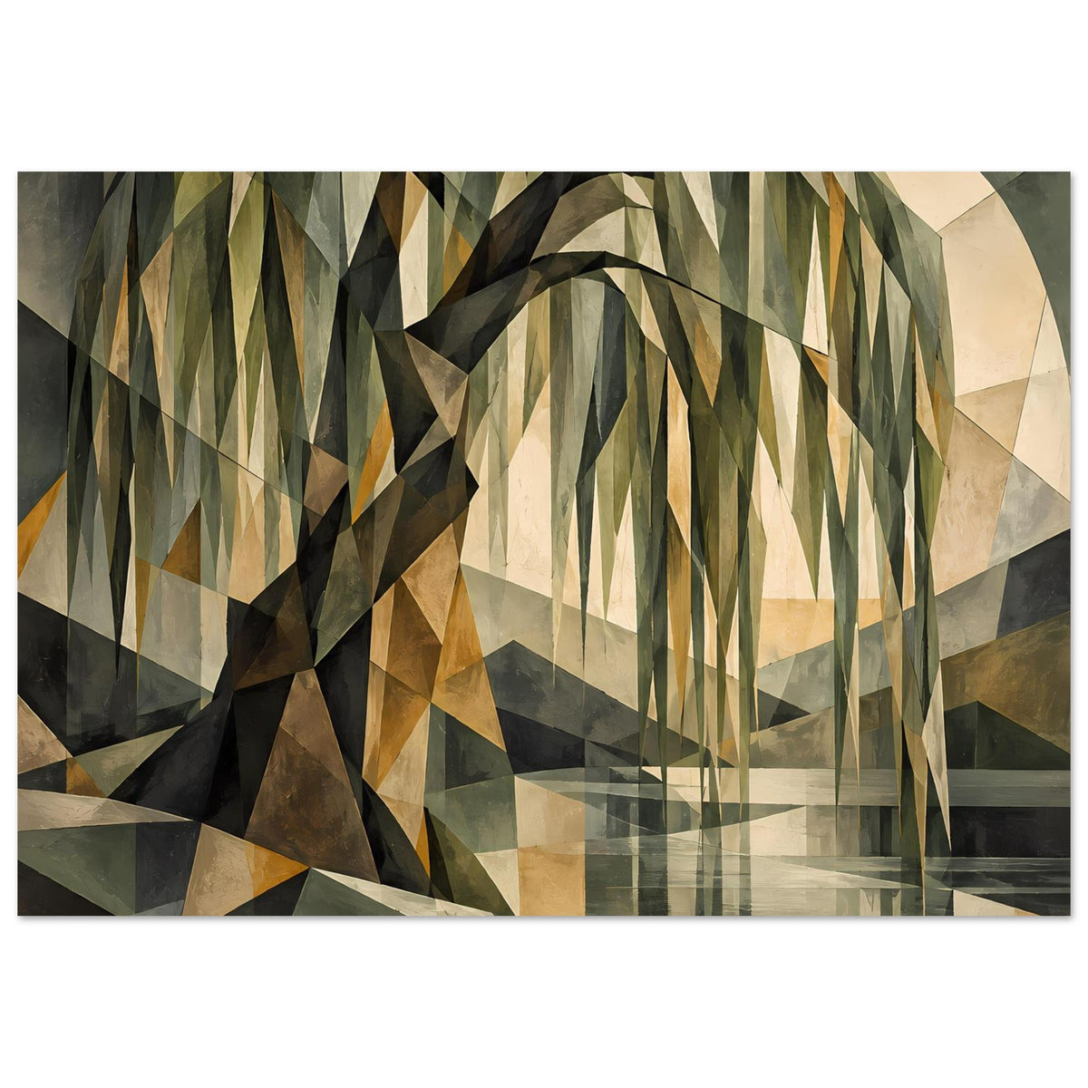 Geometrisches Baum-Poster mit dunklem Stamm und dreieckigen Ranken in Erdtönen