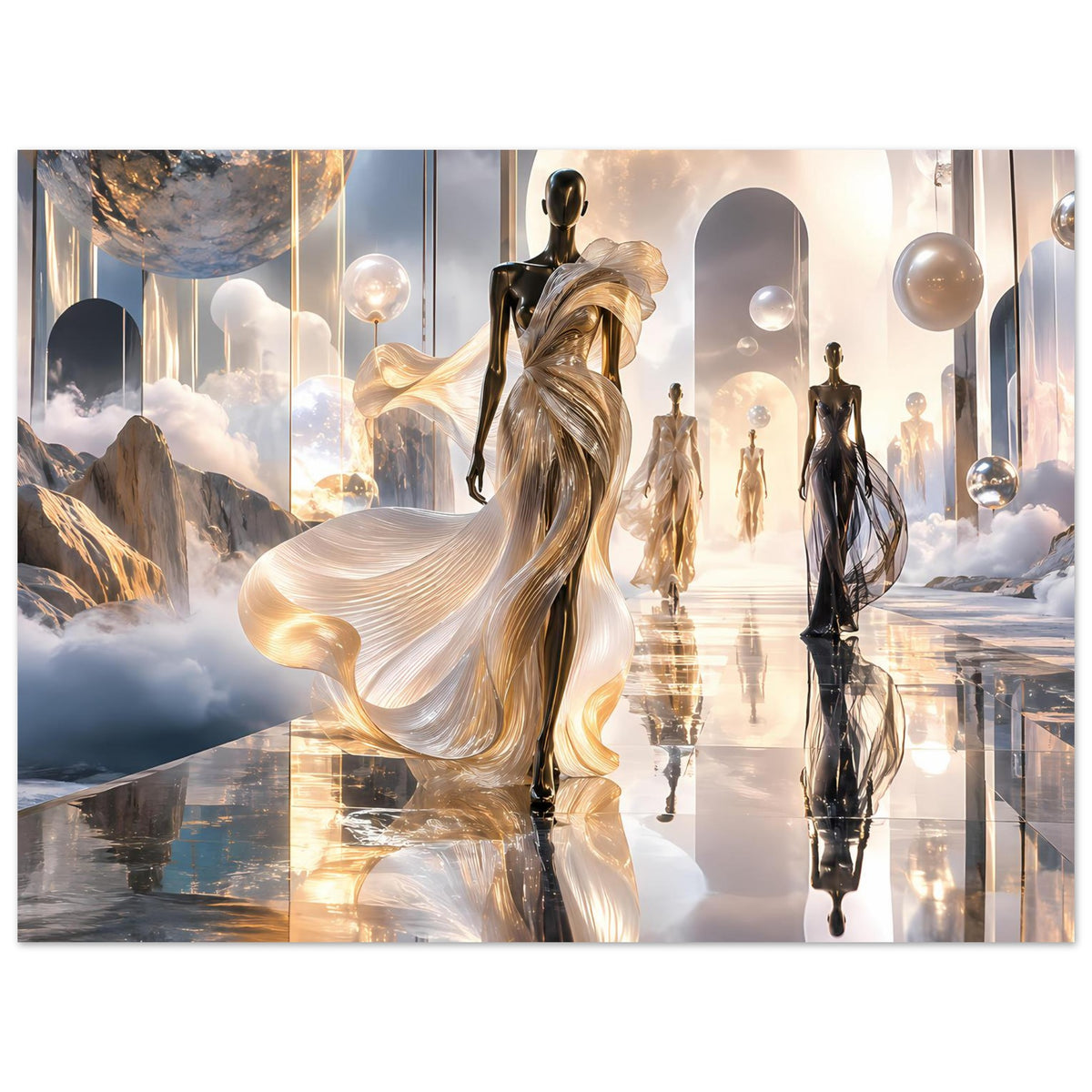 Kunstdruck im Querformat mit zentraler gold-weißer Figur, reflektierendem Boden und Ballons