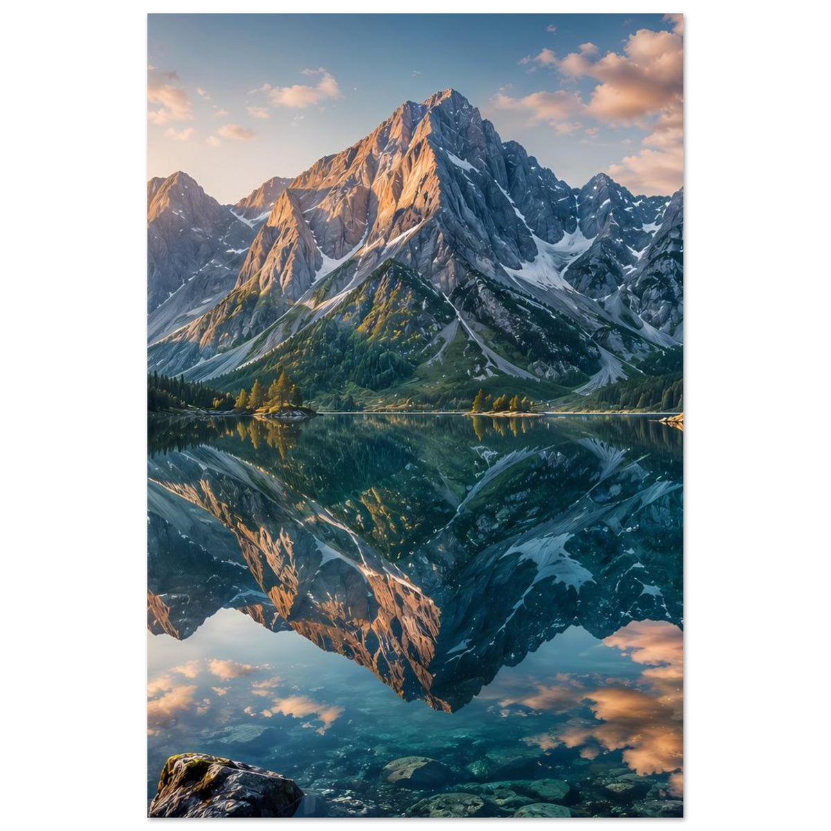 Landschafts-Poster mit Alpenbergen und spiegelndem See, vertikal
